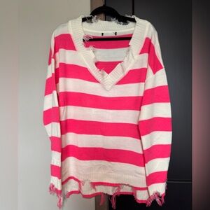 Lightweight, distressed sweater in pink and white stripes, fits a 2XL